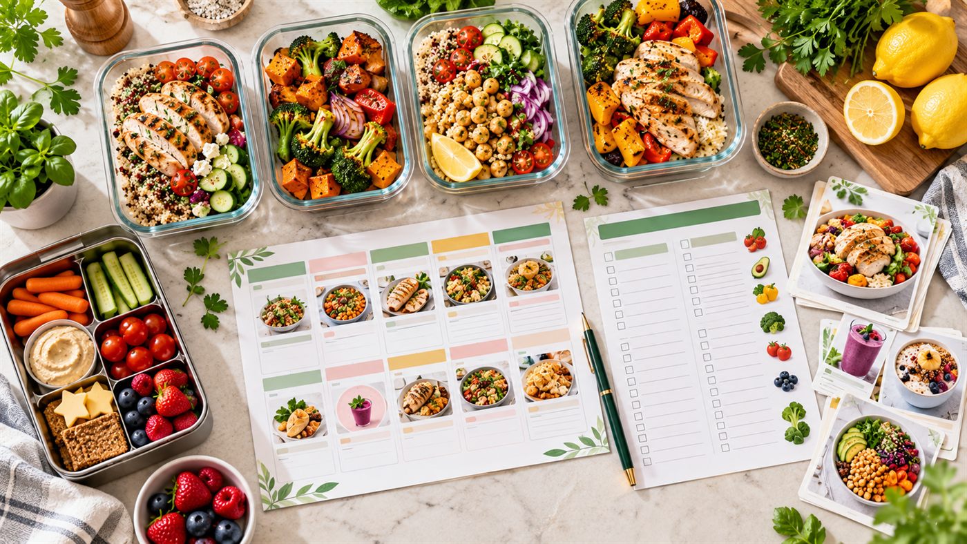 A printed 4-week meal plan, shopping lists, prep containers and recipe cards on a kitchen counter