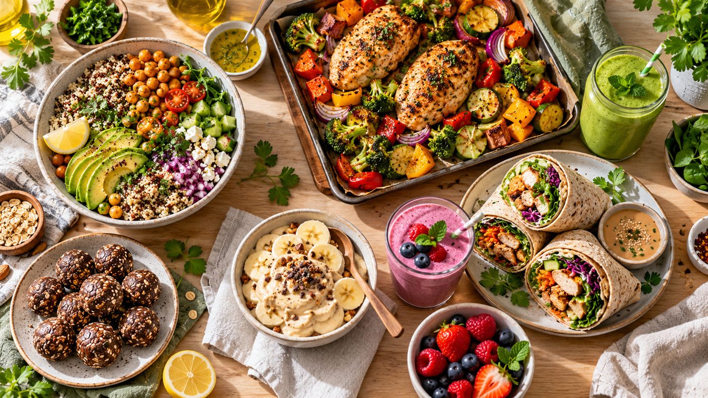 A table of colourful healthy meals: grain bowls, a one-pan chicken dinner, smoothies and energy balls