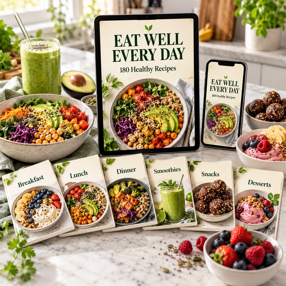 Eat Well Every Day recipe ebooks on a tablet and phone surrounded by colourful healthy meals