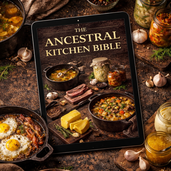 The Ancestral Kitchen Bible shown on a tablet surrounded by bone broth, tallow, ferments and a cast-iron skillet