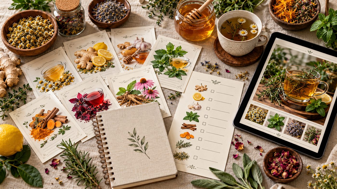 Printed remedy cards, a tracker journal, a pantry checklist and a tablet showing a herbal tea guide, laid out with dried herbs and tea