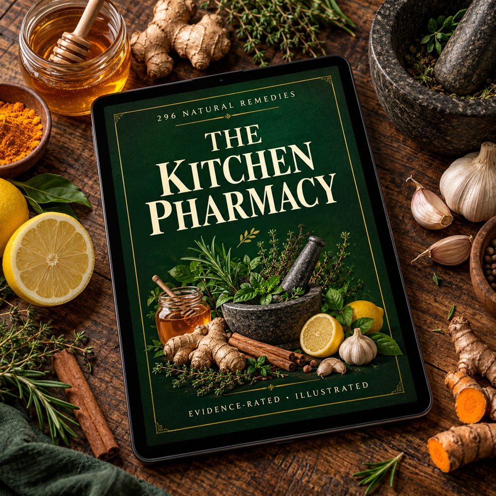 The Kitchen Pharmacy ebook shown on a tablet surrounded by ginger, honey, garlic, lemons and fresh herbs