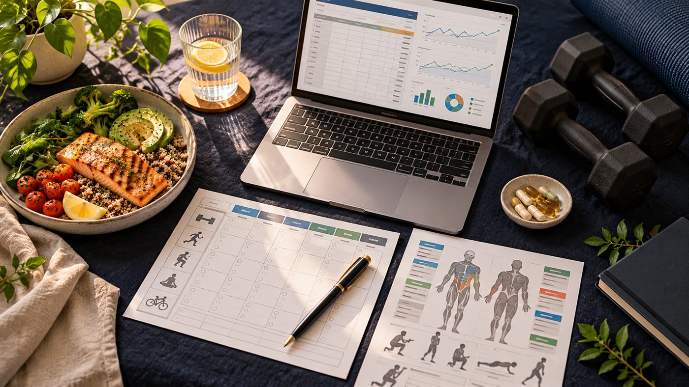 A printed workout log, a one-page cheat sheet, a lab tracker spreadsheet on a laptop and a healthy protein-rich meal