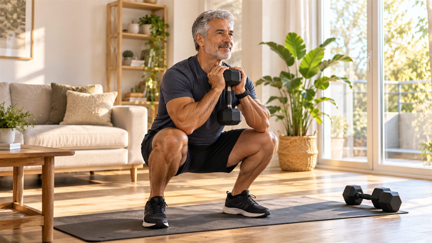 An older adult doing a dumbbell workout at home in morning light