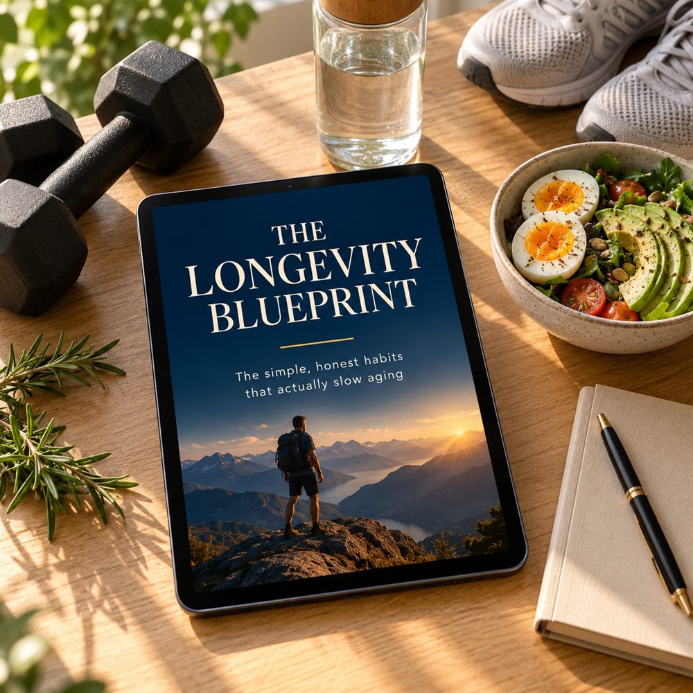 The Longevity Blueprint ebook on a tablet beside dumbbells, a water bottle, running shoes and a healthy meal