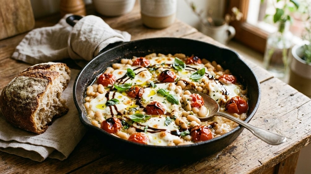 A cast-iron skillet of white beans, roasted tomatoes, melted mozzarella and basil with crusty bread