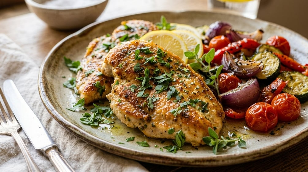 Herb-crusted chicken breast with roasted courgette, peppers, red onion and tomatoes