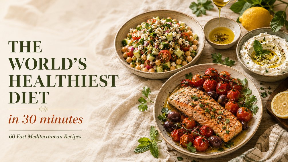 The World's Healthiest Diet cookbook cover with Mediterranean salmon, a chickpea salad, olive oil and yoghurt dip