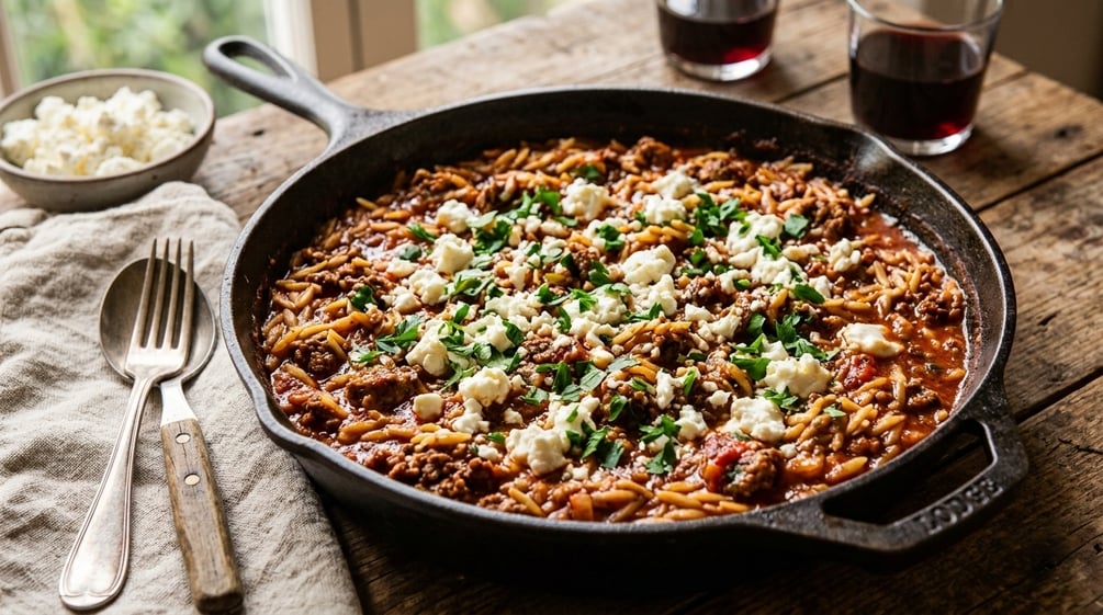 A cast-iron skillet of orzo with beef, tomato sauce, crumbled feta and parsley