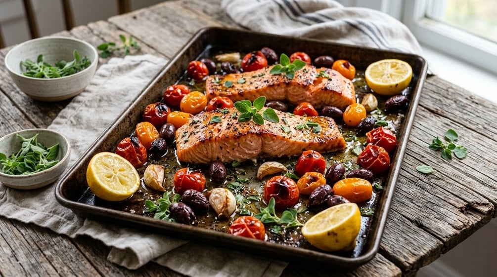 Sheet-pan salmon with roasted cherry tomatoes, olives, garlic and lemon