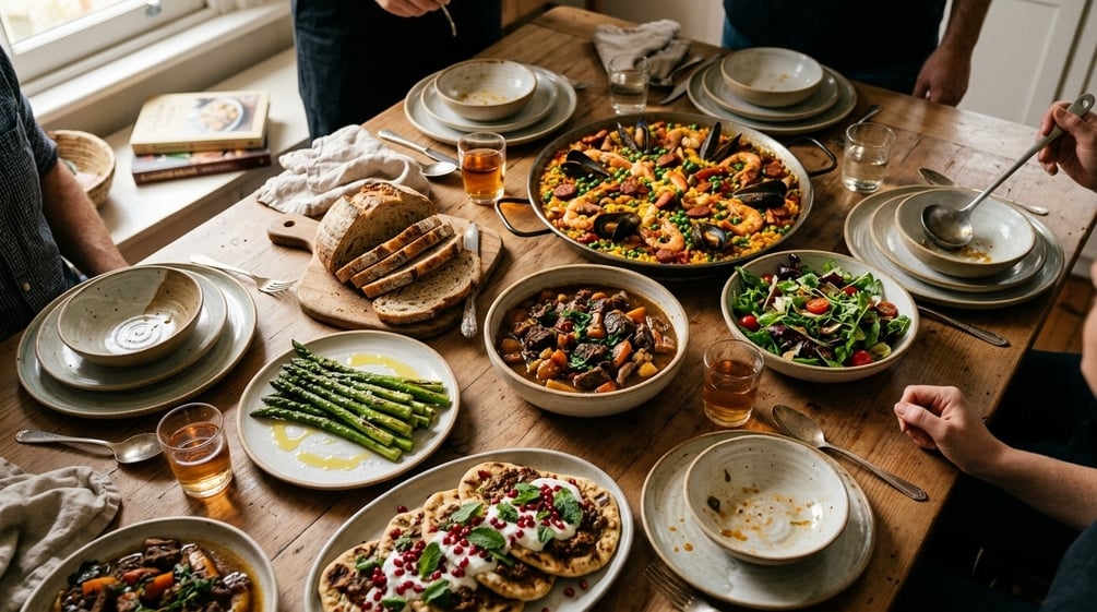 A family table spread with paella, a beef stew, asparagus, flatbreads and a fresh salad
